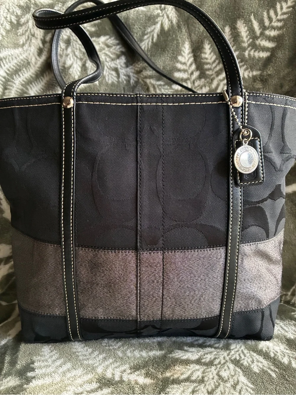 Coach Black Tote with Gray Stripe and Leather Trim